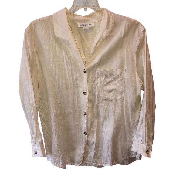Jones New York Tops - Jones New York Womens 14W Cream 100% Linen Long Sleeve Button Up Shirt Top 14